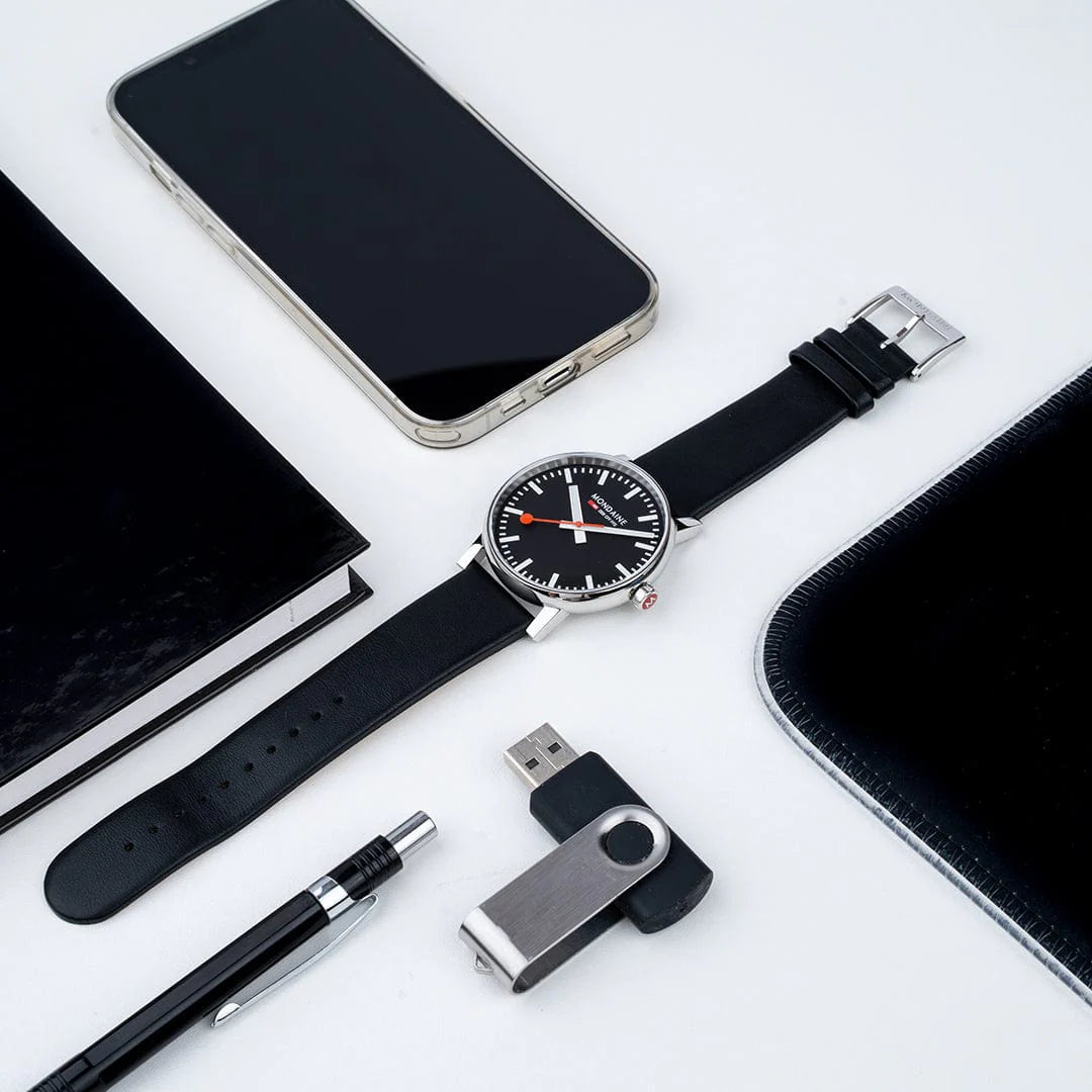 Mondaine Evo2 Men's Watch, Polished Steel, 43 mm, Black Vegan Leather Strap