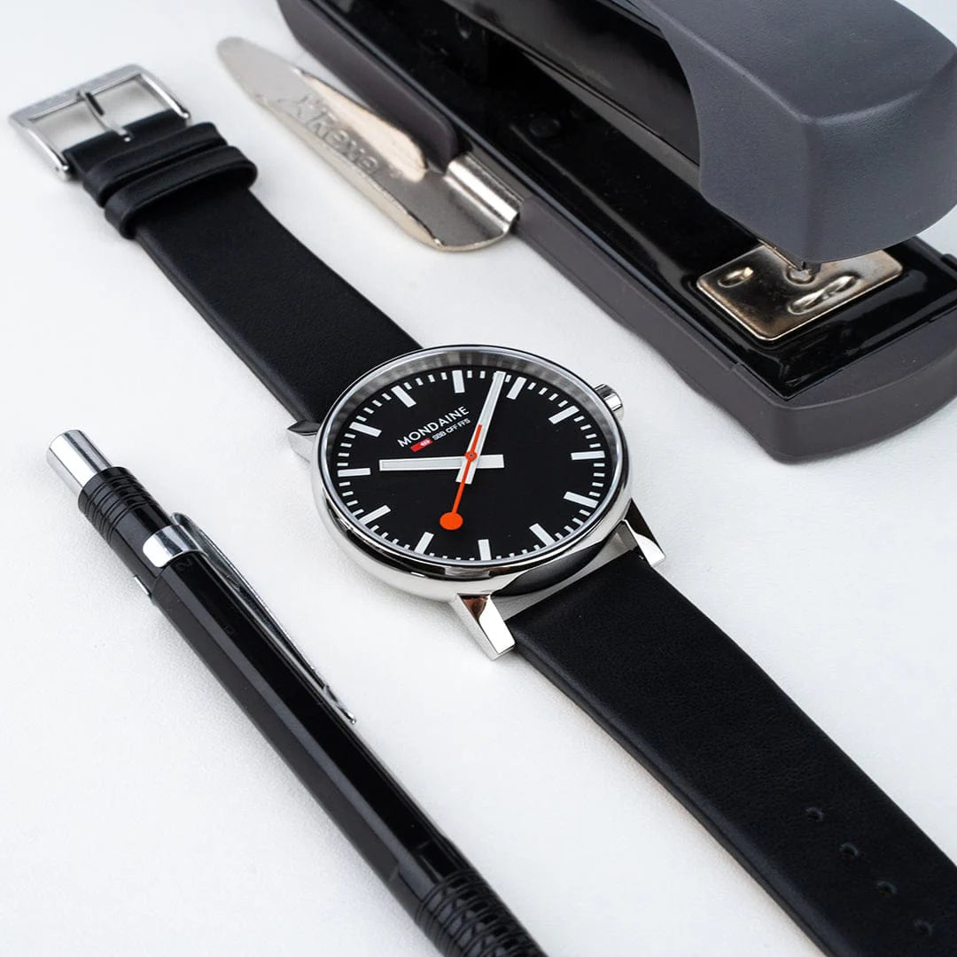 Mondaine Evo2 Men's Watch, Polished Steel, 43 mm, Black Vegan Leather Strap