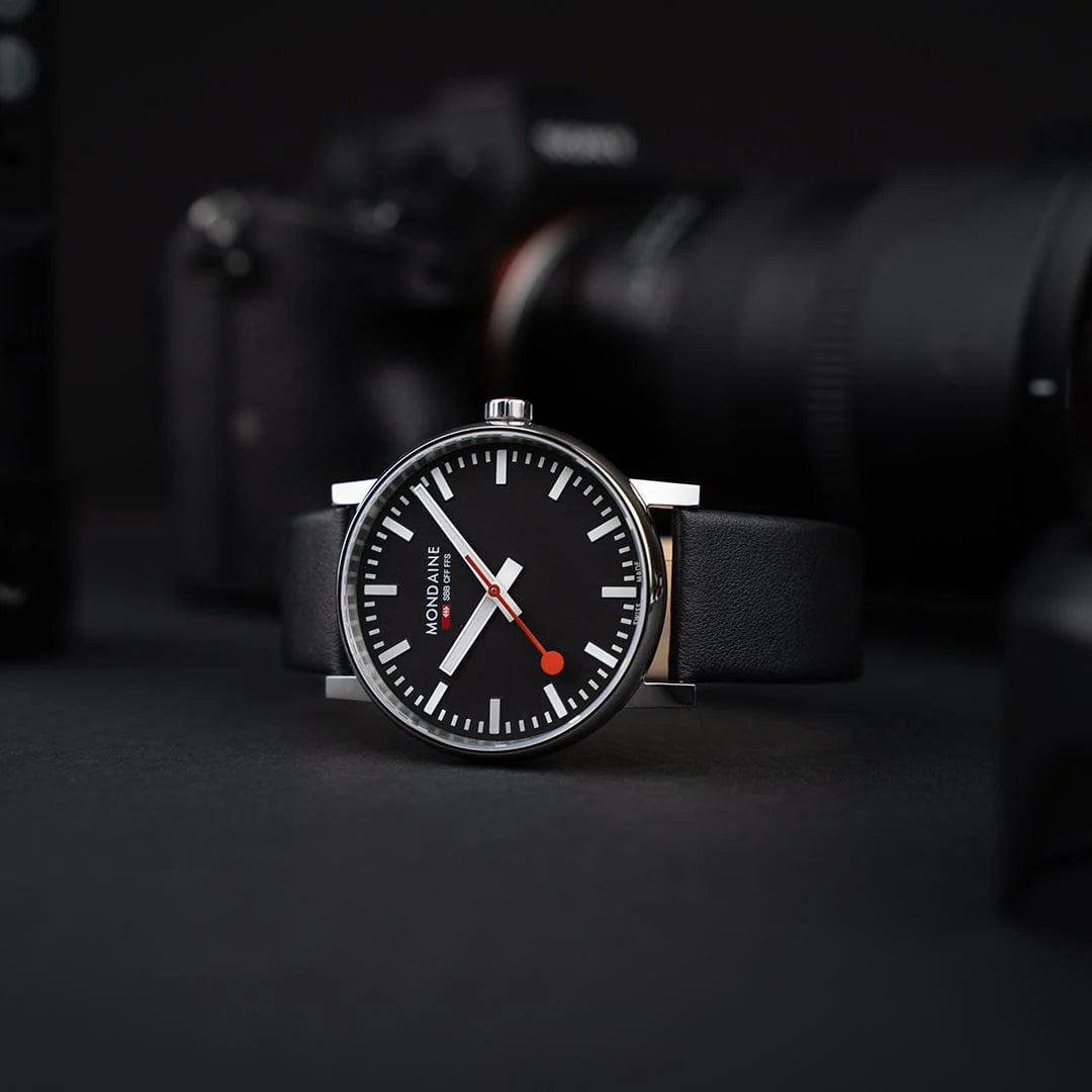 Mondaine Evo2 Men's Watch, Polished Steel, 43 mm, Black Vegan Leather Strap