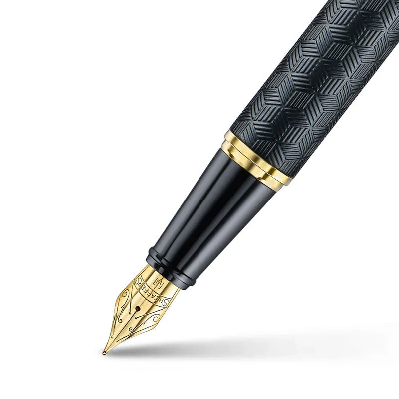 Sheaffer 300 ENGRAVED MATT BLACK BARREL AND SHINY CHROME CAP. PVD GOLD TRIMS Fountain Pen