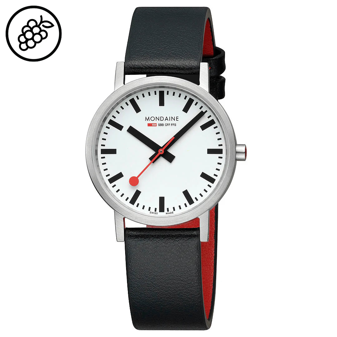 Mondaine Classic Brushed Steel Black, Vegan Grape Leather Strap, 36 mm