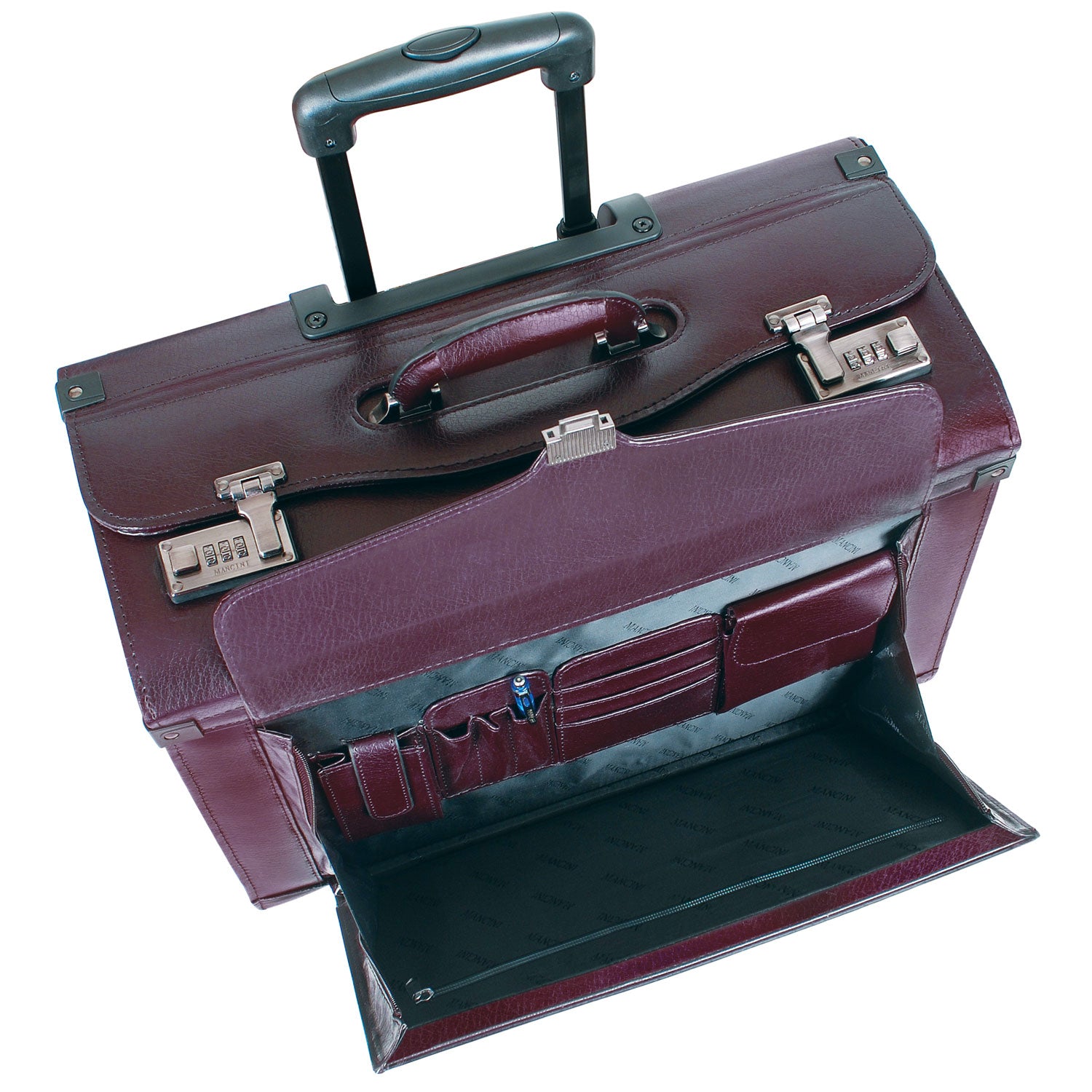 Mancini Leather Deluxe Wheeled Catalog Case, 19" x 9" x 15", Burgundy