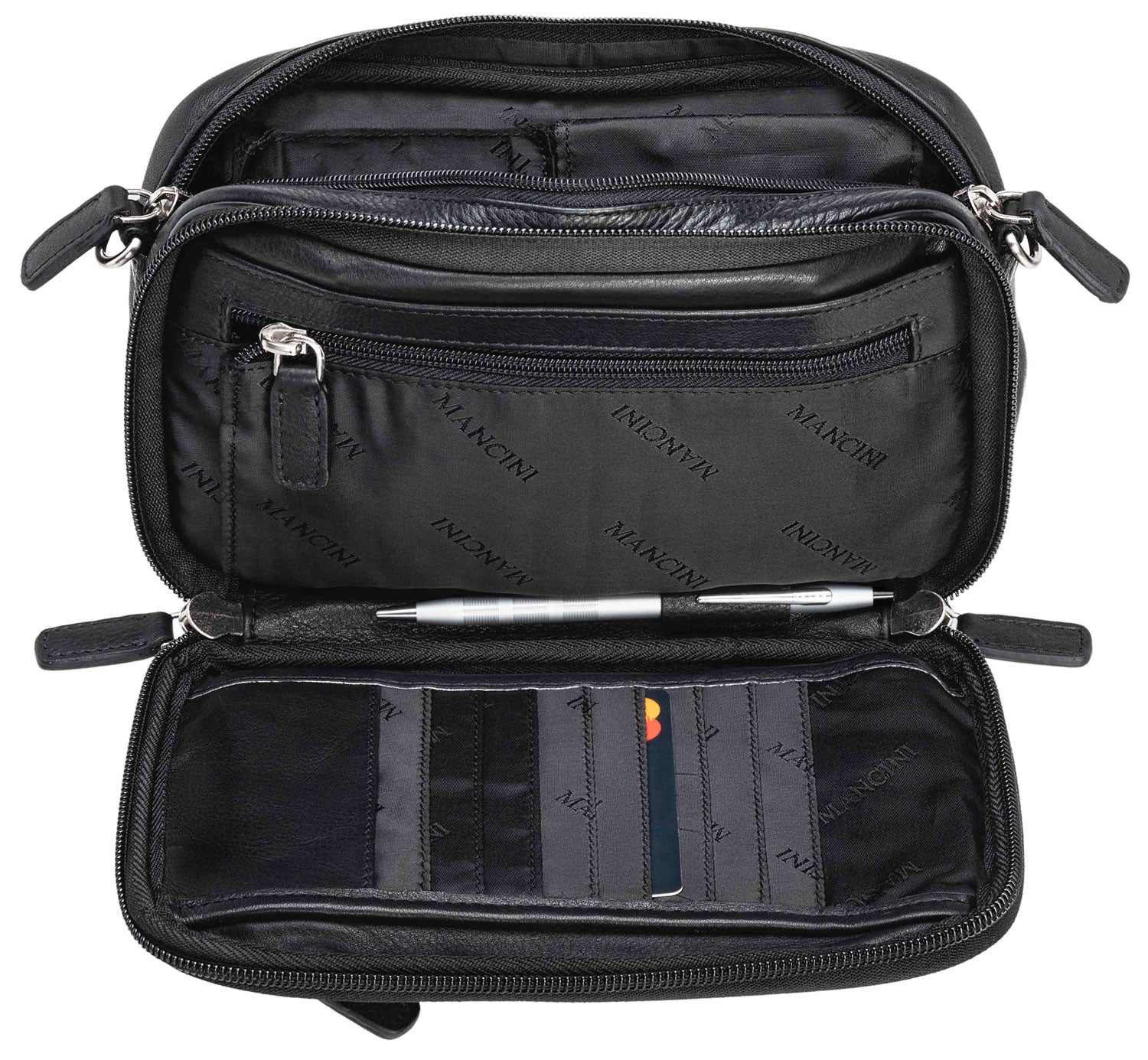 Mancini Leather Compact Unisex Bag, 8" x 3" x 5.5", Black