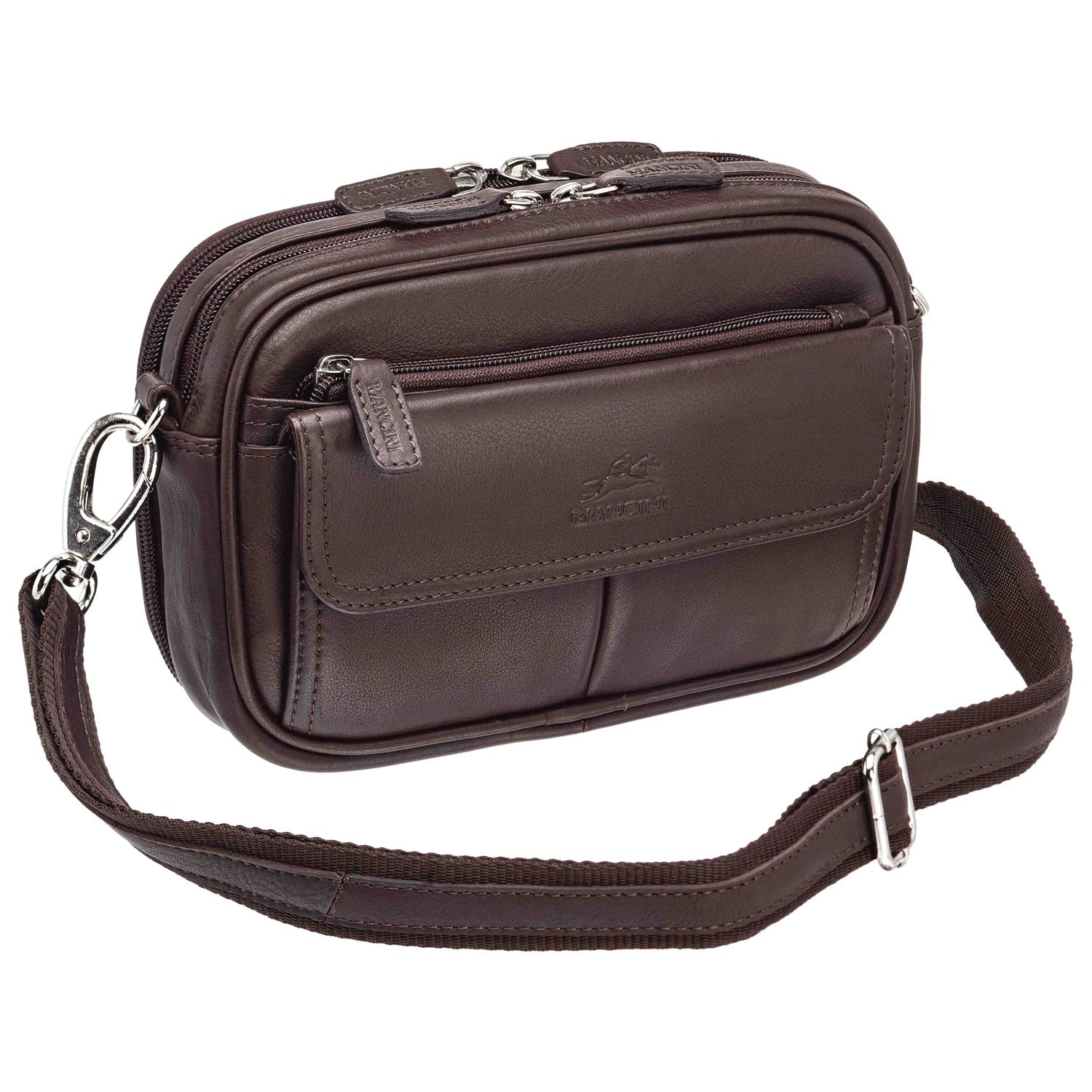 Mancini Leather Compact Unisex Bag, 8" x 3" x 5.5", Brown