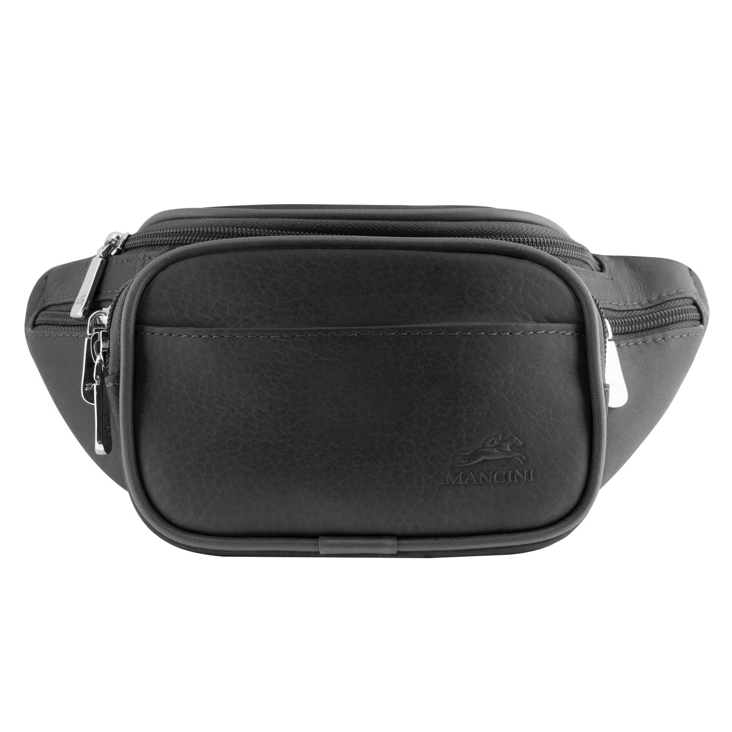 Mancini Leather Classic Waist Bag, 12" x 4" x 5.5", Black