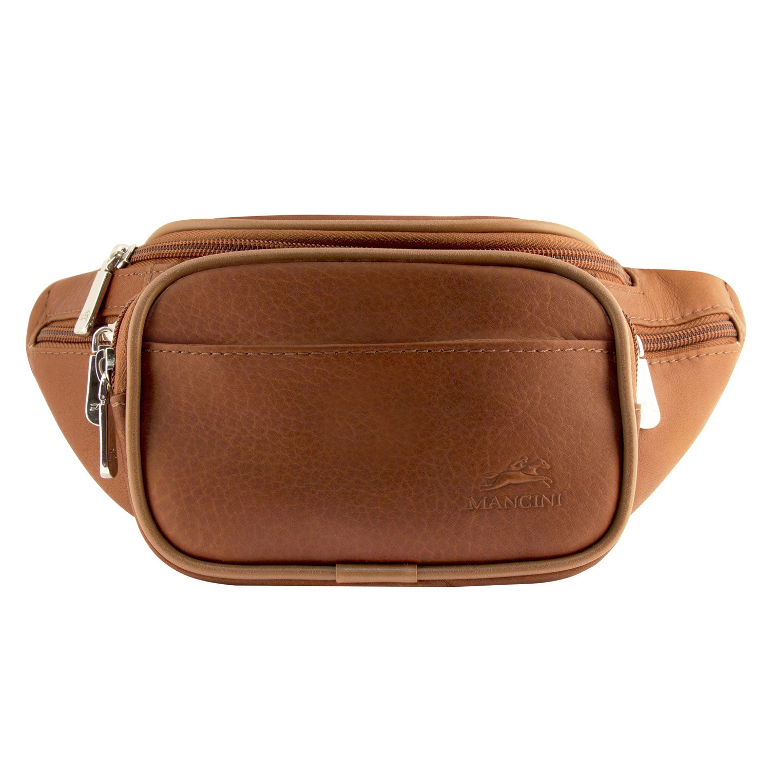Mancini Leather Classic Waist Bag, 12" x 4" x 5.5", Cognac