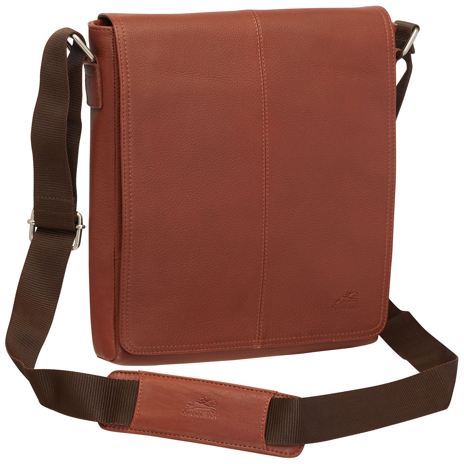 Mancini Leather Messenger Style Unisex Bag for Tablet/ E-reader, 10.25" x 3" x 12", Cognac