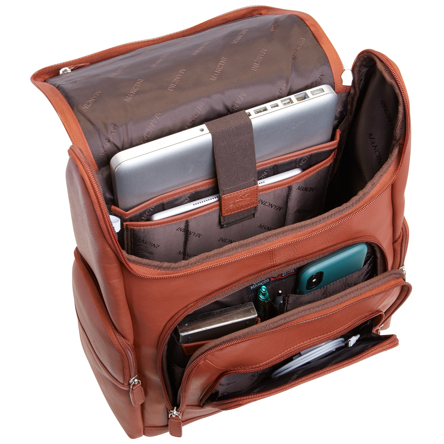Mancini Leather Backpack with RFID Secure pocket for 15.6" Laptop and Tablet, 12" x 6" x 15", Cognac