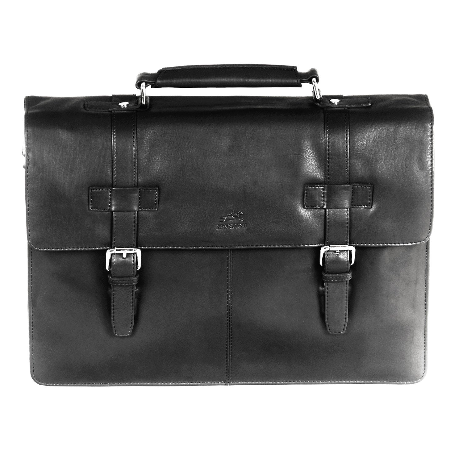 Mancini Leather Double Compartment Flap Briefcase for 15.6" Laptop / Tablet, 16" x 4" x 12", Black
