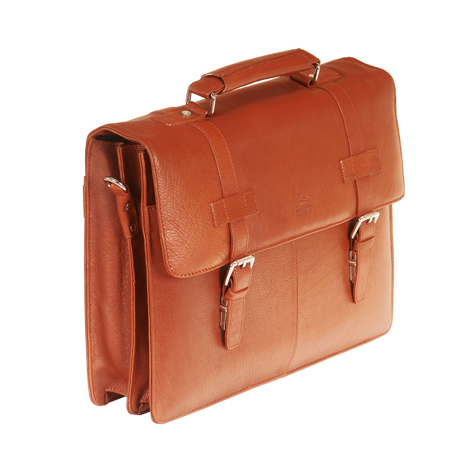Mancini Leather Double Compartment Flap Briefcase for 15.6" Laptop / Tablet, 16" x 4" x 12", Cognac