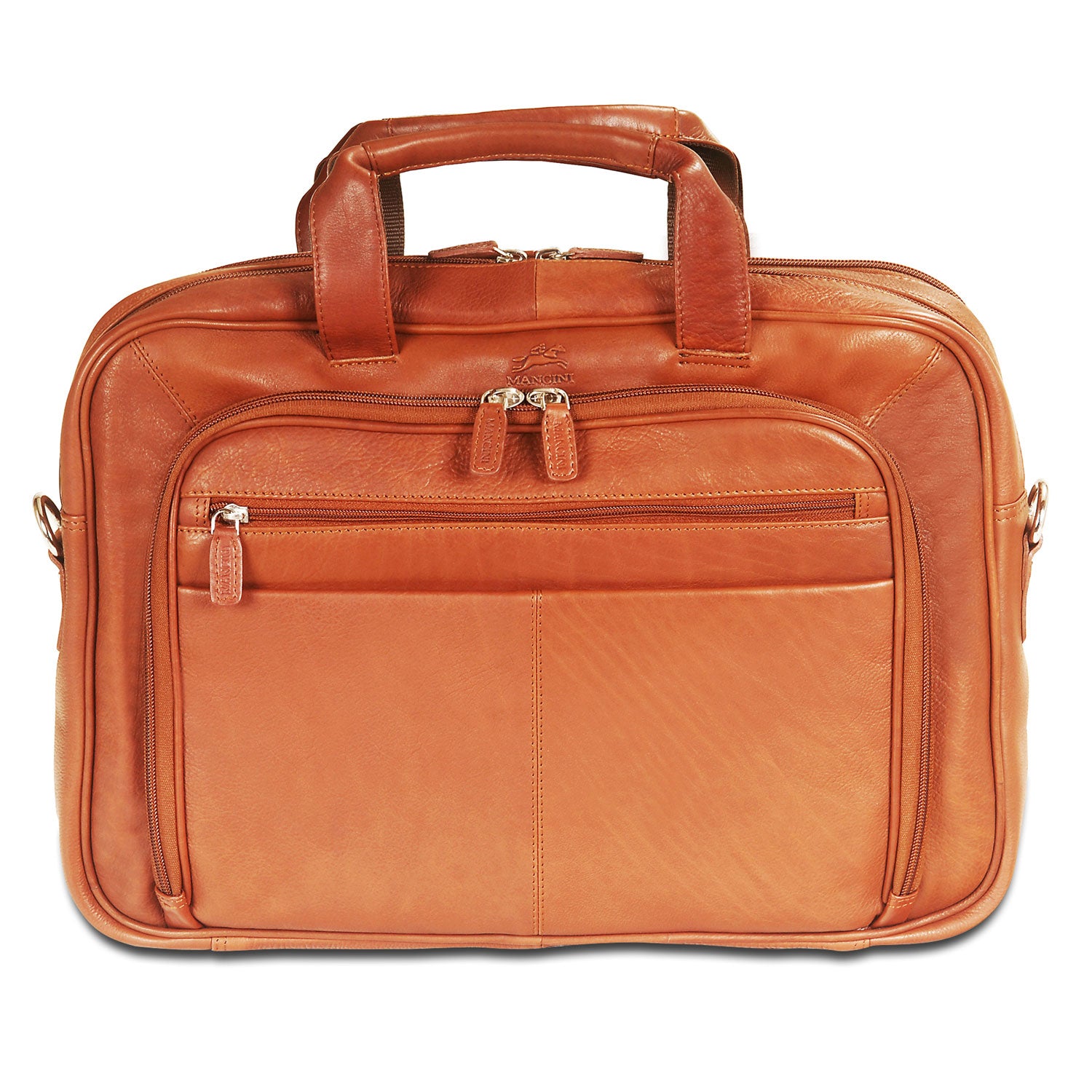 Mancini Leather Zippered Double Compartment for 15.6" Laptop / Tablet, 15.75" x 4.25" x 11.5", Cognac