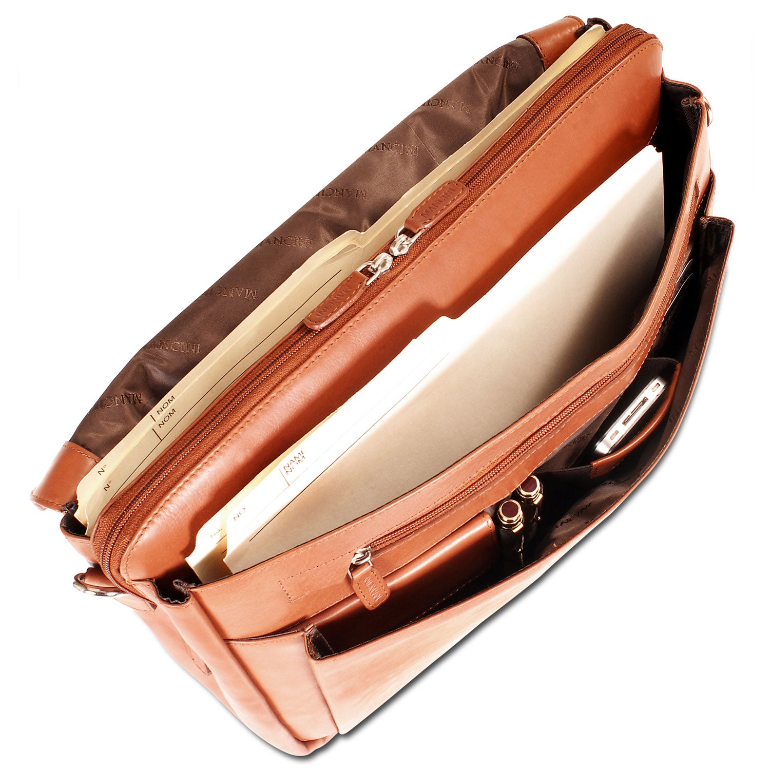 Mancini Leather Triple Compartment Flap Briefcase for 15" Laptop / Tablet, 15" x 4.25" x 10.25", Cognac