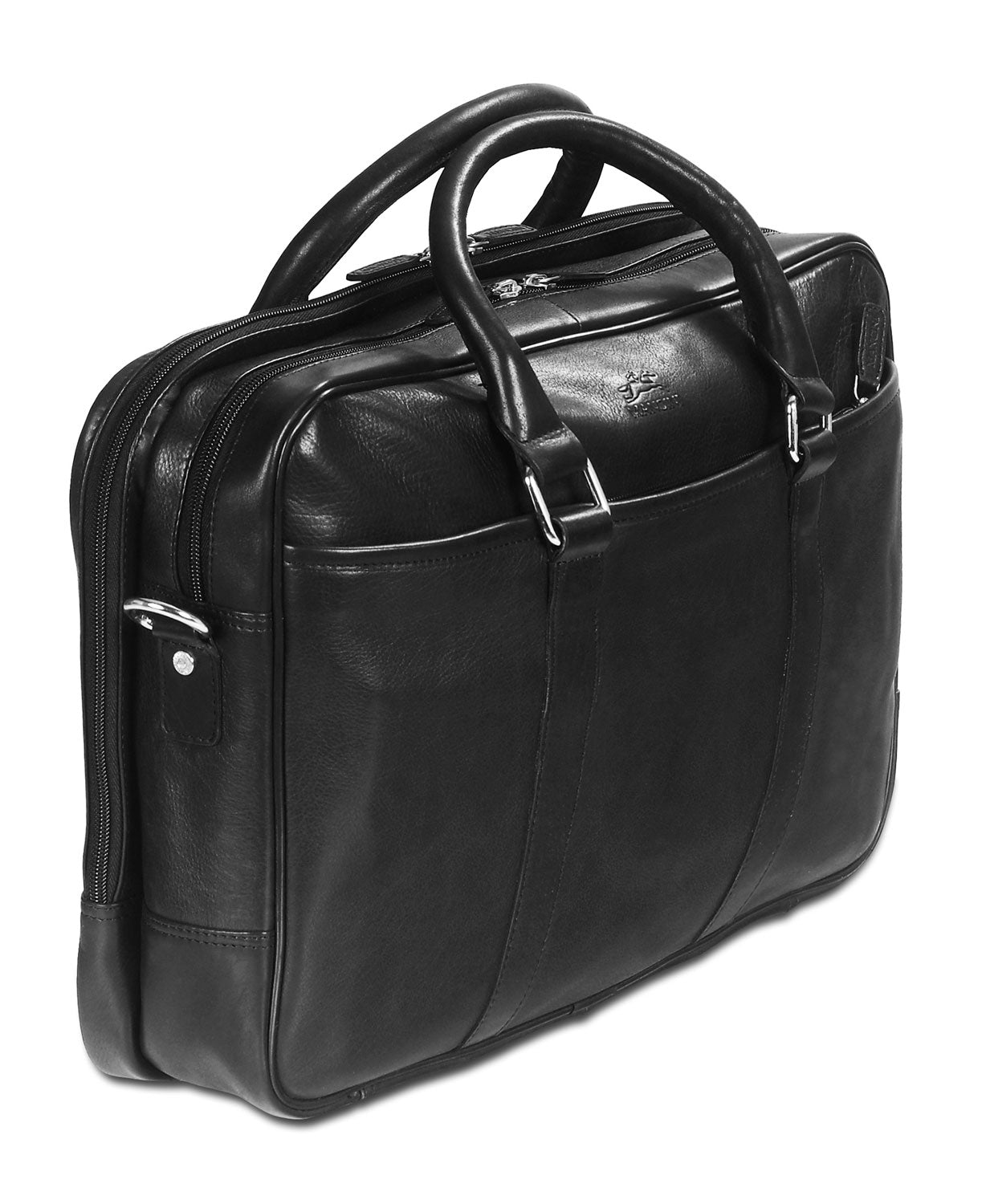 Mancini Leather Double Compartment Zippered Briefcase for 15.6" Laptop / Tablet, 15.5" x 4.25" x 11.25", Black