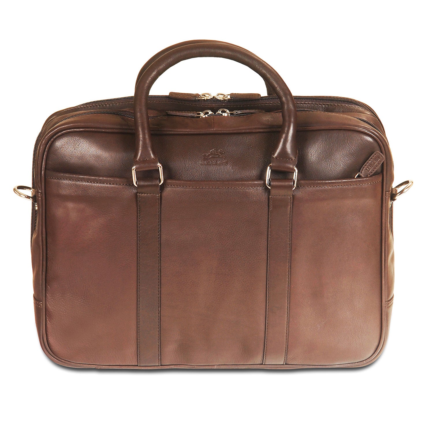 Mancini Leather Double Compartment Zippered Briefcase for 15.6" Laptop / Tablet, 15.5" x 4.25" x 11.25", Brown