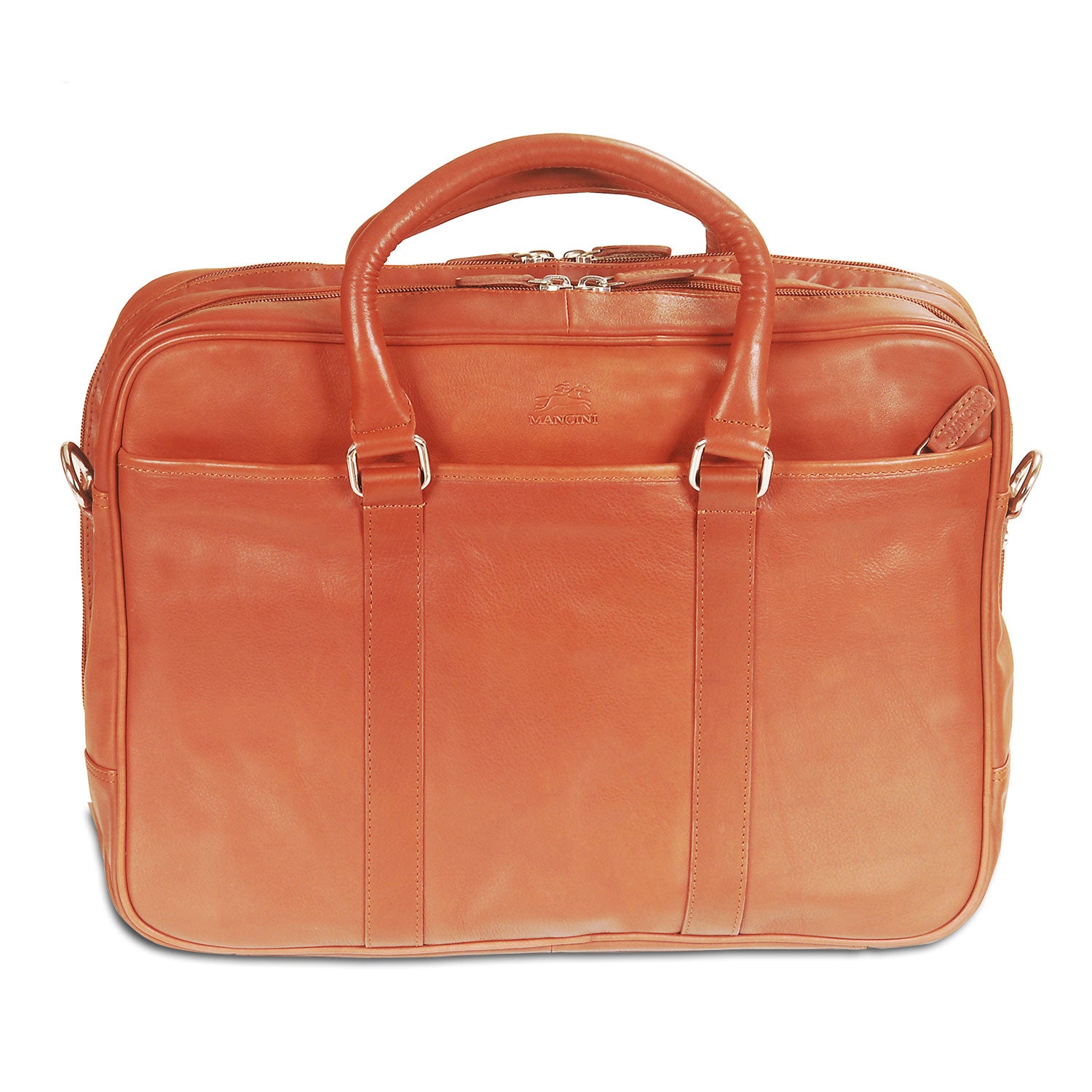 Mancini Leather Double Compartment Zippered Briefcase for 15.6" Laptop / Tablet, 15.5" x 4.25" x 11.25", Cognac