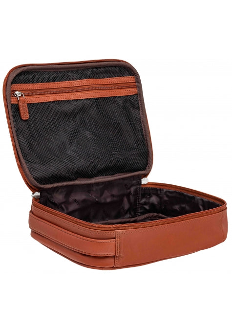 Mancini Leather Large Zippered Toiletry Bag, 10.5" x 8" x 3", Cognac